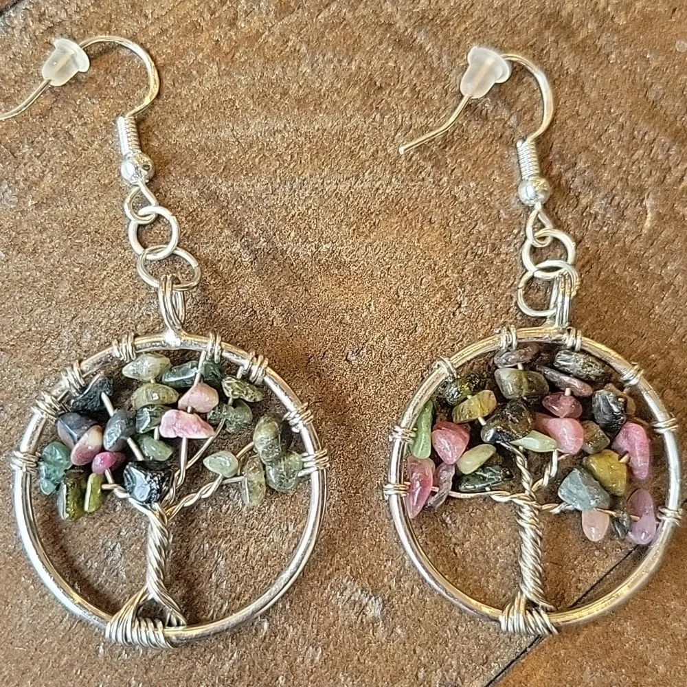 NEW Tourmaline Silver Tree of Life Earrings